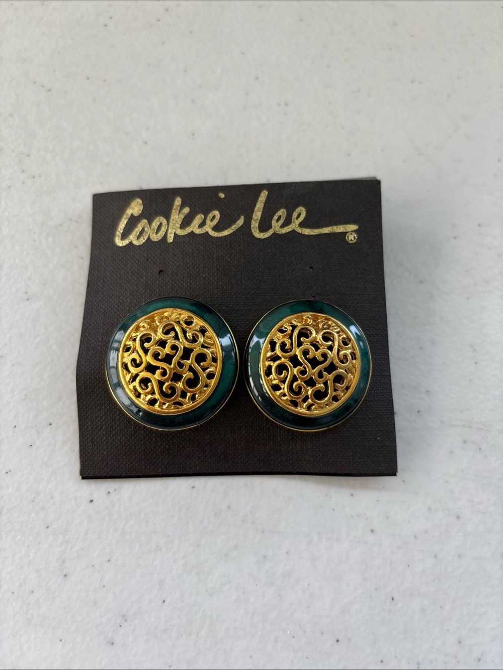 Cookie Lee Gold Filigree with Dark Green Enamel Button Earrings